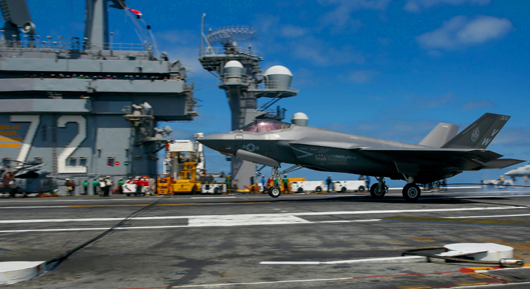 Marine Corps F-35C arrested landing on CVN-72 from VMFA 314 based at Marine Corps Air Station Miramar, San Diego, CA