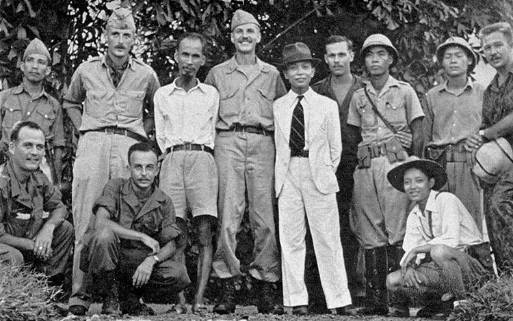Indochina (Vietnam, Laos, Cambodia) Leader Hồ Ch Minh, Standing Third from Left, with United States Office of Strategic Services (OSS) Advisors in 1945
