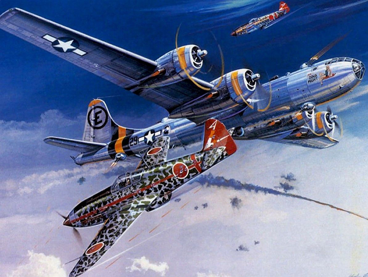 Imperial Japanese Army Air Force Hien Ki-61 Tony Fighters Attempt to Intercept US Boeing B-29 Superfortress Bomber