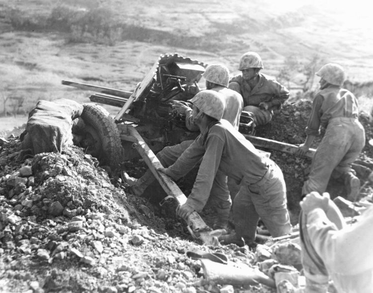 May 9, 1945 US Marines use 37mm Gun to Pound Imperial Japanese Pill Boxes During the Battle of Okinawa